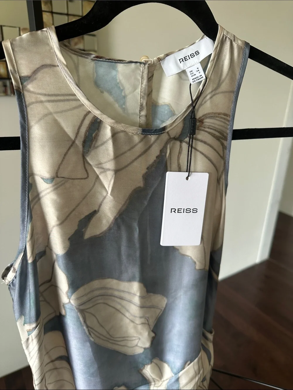 REISS Mieke Satin Floral Drape Midi Dress in Blue Size US 2 NEW with tag